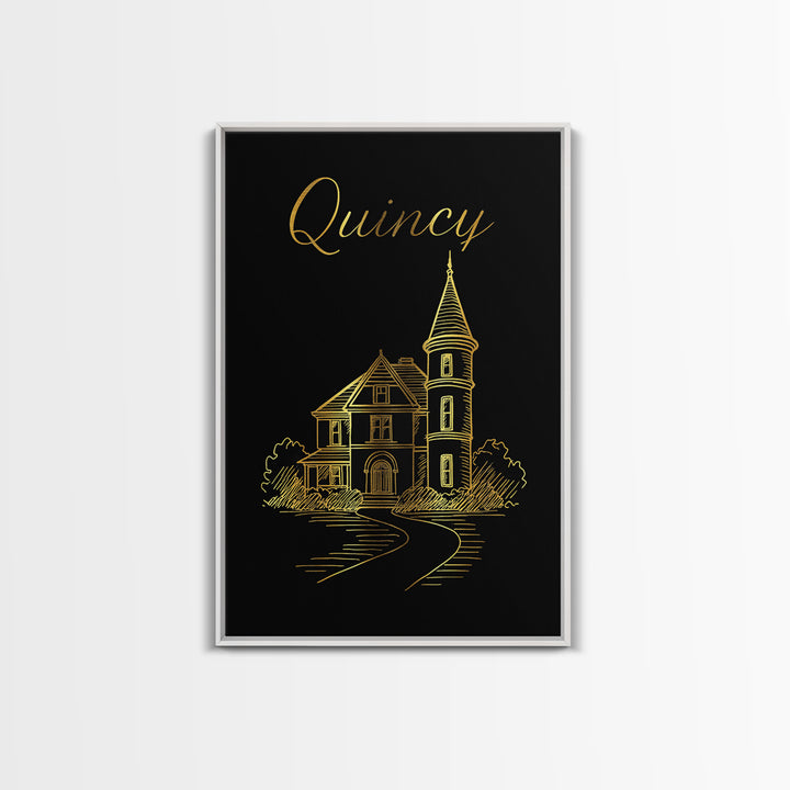 Quincy Travel Poster, Canvas Print, Minimalist Gold Line Art, Quincy City Art, Gift For Travelers, Eclectic Wall Decor, Travel Wall Art