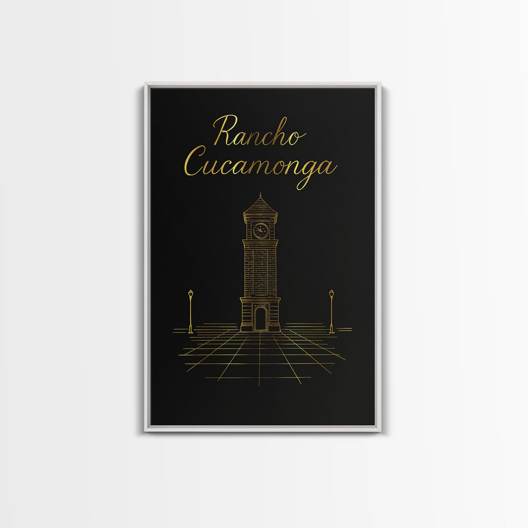 Rancho Cucamonga Travel Poster, Framed Canvas Print, Gold Outline Poster Art, Rancho Cucamonga Poster Print, Watercolor Downtown Skyline