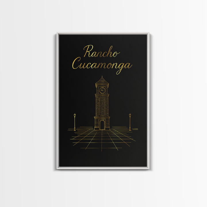 Rancho Cucamonga Travel Poster, Framed Canvas Print, Gold Outline Poster Art, Rancho Cucamonga Poster Print, Watercolor Downtown Skyline
