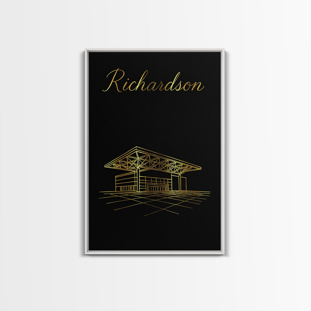 Richardson Texas Travel Poster, Framed Canvas Print, Gold Outline Poster Art, Richardson Art Print, City Illustration, Fine Art Print