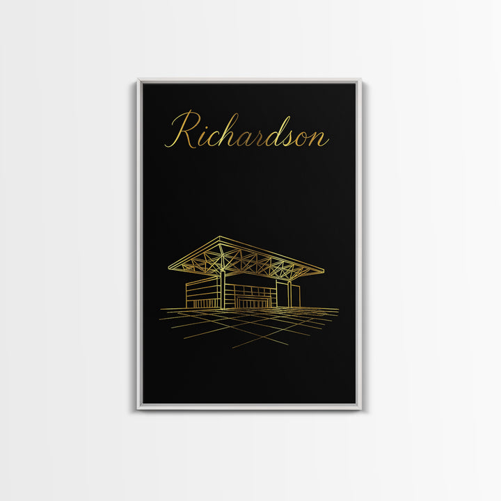 Richardson Texas Travel Poster, Framed Canvas Print, Gold Outline Poster Art, Richardson Art Print, City Illustration, Fine Art Print