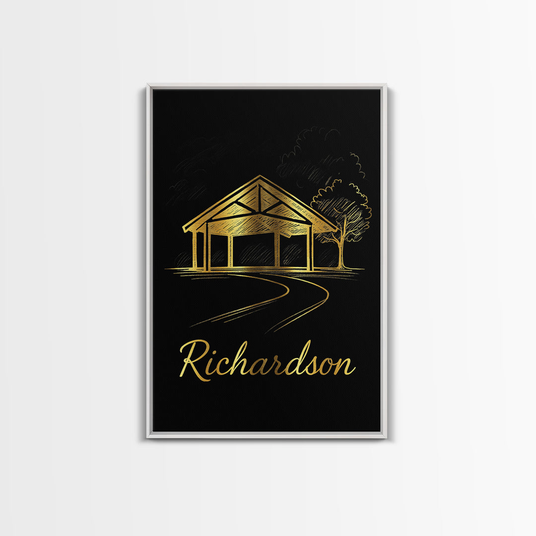 Richardson Travel Poster, Framed Canvas Print, Black Gold Minimalist Art, Richardson Art Print, City Illustration, Gift For Travelers