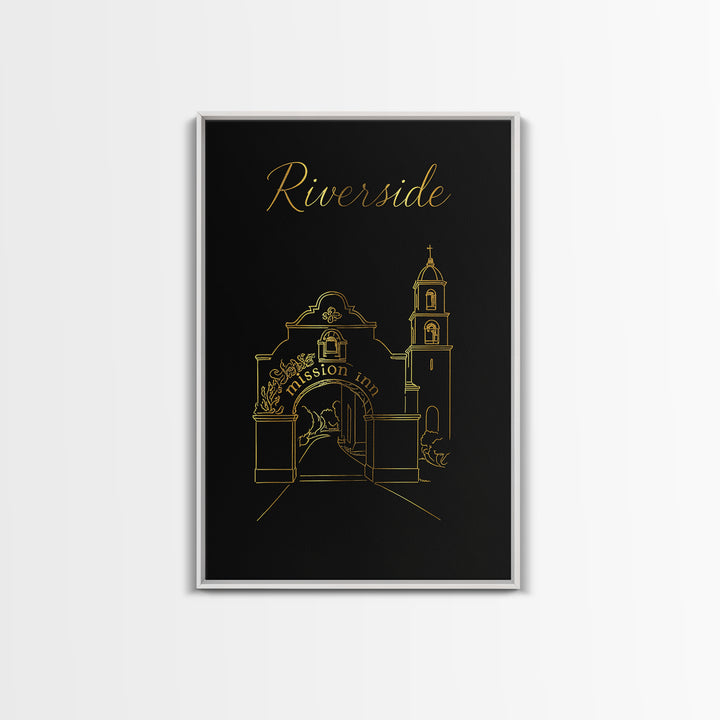 Riverside Travel Poster, Framed Canvas Print, Black Gold Minimalist Art, Riverside City Art, Eclectic Wall Decor, Travel Wall Art