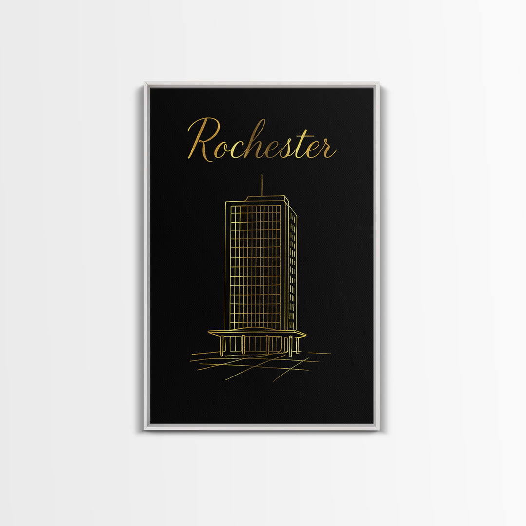 Rochester Travel Poster, Framed Canvas Print, Gold Outline Poster Art, Rochester Art Print, Retro Travel Print, Travel Wall Decor