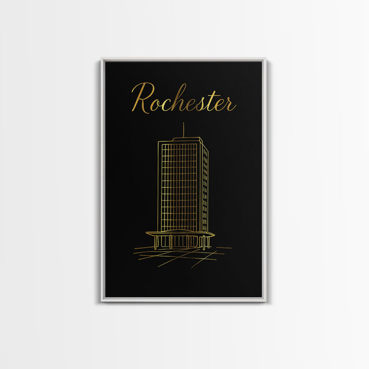 Rochester Travel Poster, Framed Canvas Print, Gold Outline Poster Art, Rochester Art Print, Retro Travel Print, Travel Wall Decor