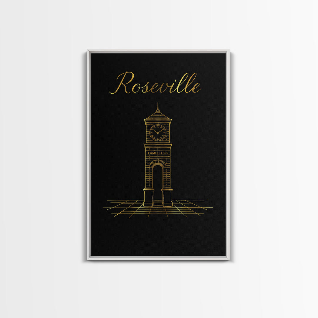 Roseville California Travel Poster, Framed Canvas Print, Gold Outline Poster Art, Roseville City Art, Travel Poster Set, Home Office Decor