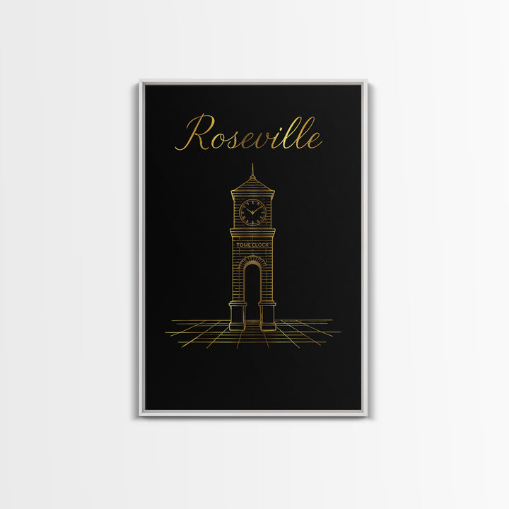 Roseville California Travel Poster, Framed Canvas Print, Gold Outline Poster Art, Roseville City Art, Travel Poster Set, Home Office Decor
