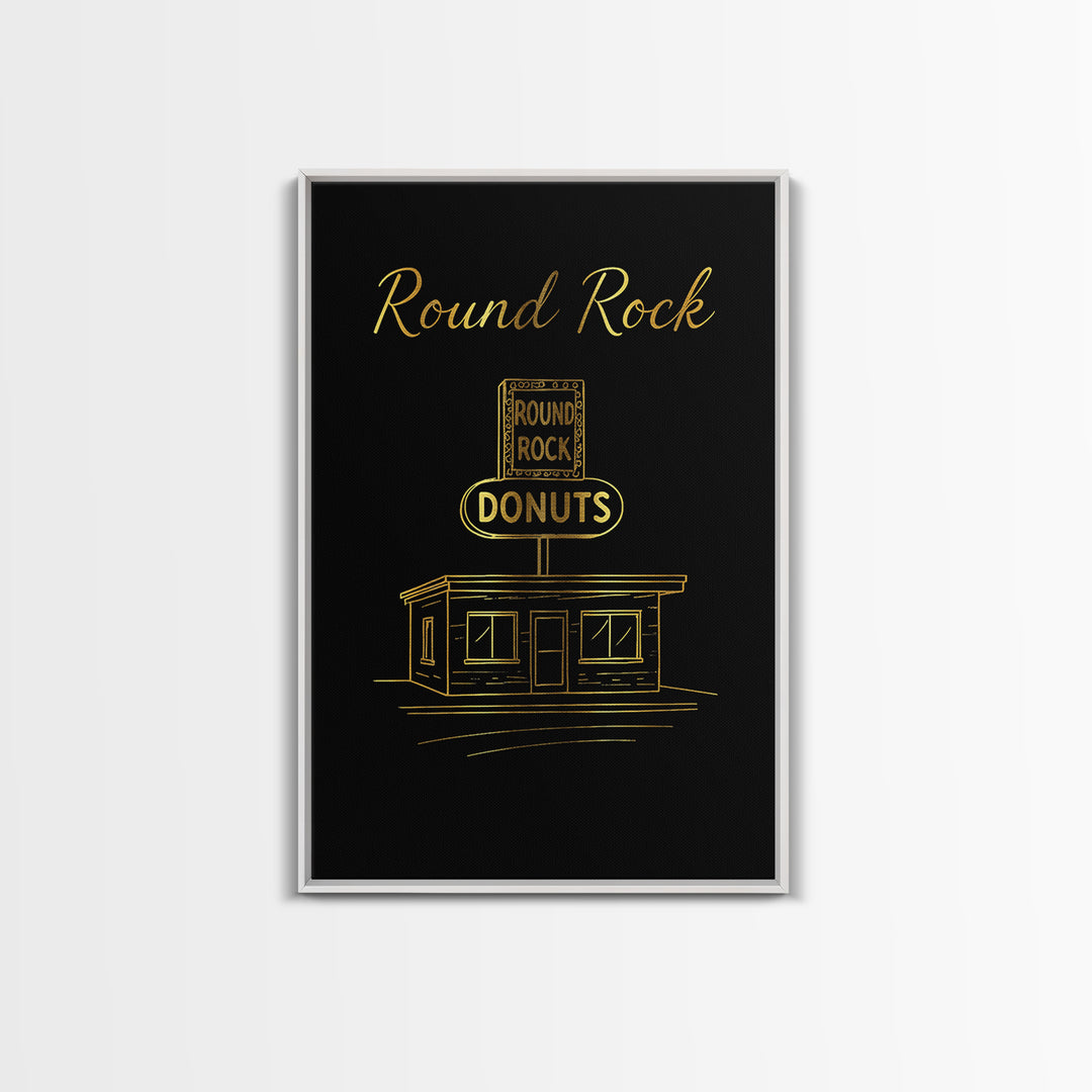 Round Rock Texas Travel Poster, Framed Canvas Print, Gold Outline Poster Art, Round Rock Travel Art, Gift For Travelers, Vintage Travel Art