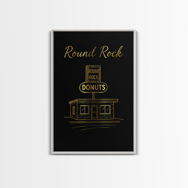 Round Rock Texas Travel Poster, Framed Canvas Print, Gold Outline Poster Art, Round Rock Travel Art, Gift For Travelers, Vintage Travel Art