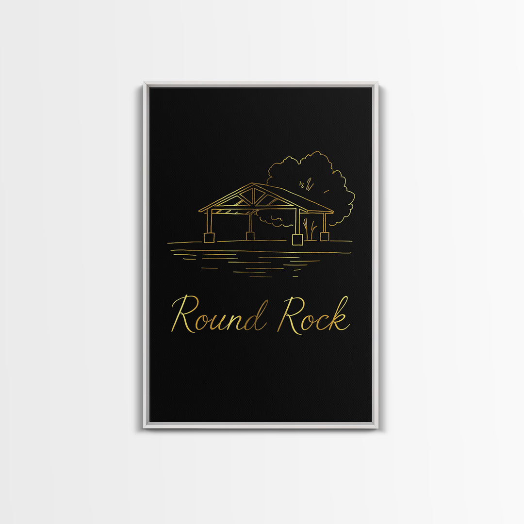 Round Rock Travel Poster, Framed Canvas Print, Gold Outline Poster Art, Round Rock Art Print, Retro Travel Print, Mid Century Wall Art