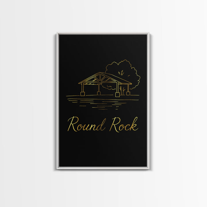 Round Rock Travel Poster, Framed Canvas Print, Gold Outline Poster Art, Round Rock Art Print, Retro Travel Print, Mid Century Wall Art