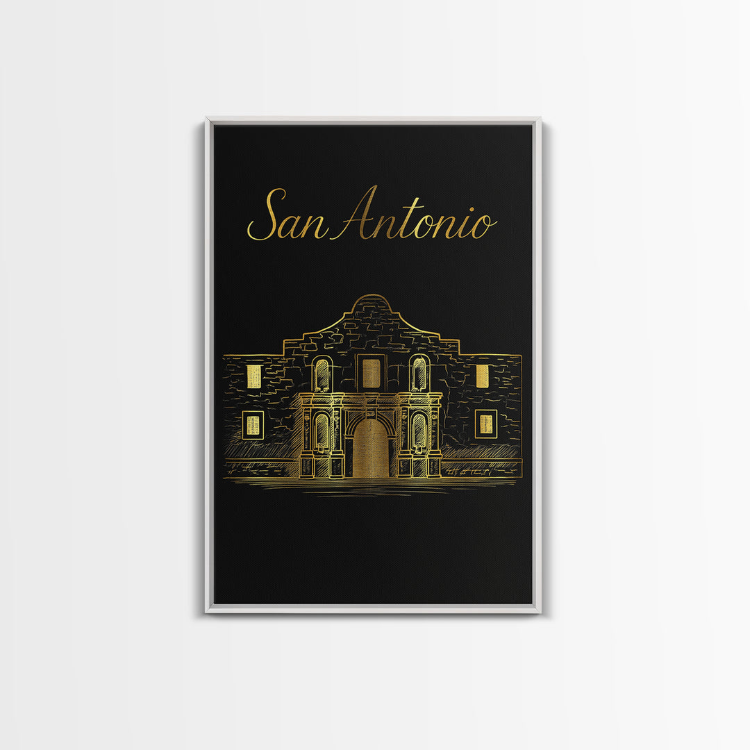 San Antonio Texas Travel Poster, Framed Canvas Print, Black Gold Minimalist Art, San Antonio City Art, City Travel Prints, City Illustration