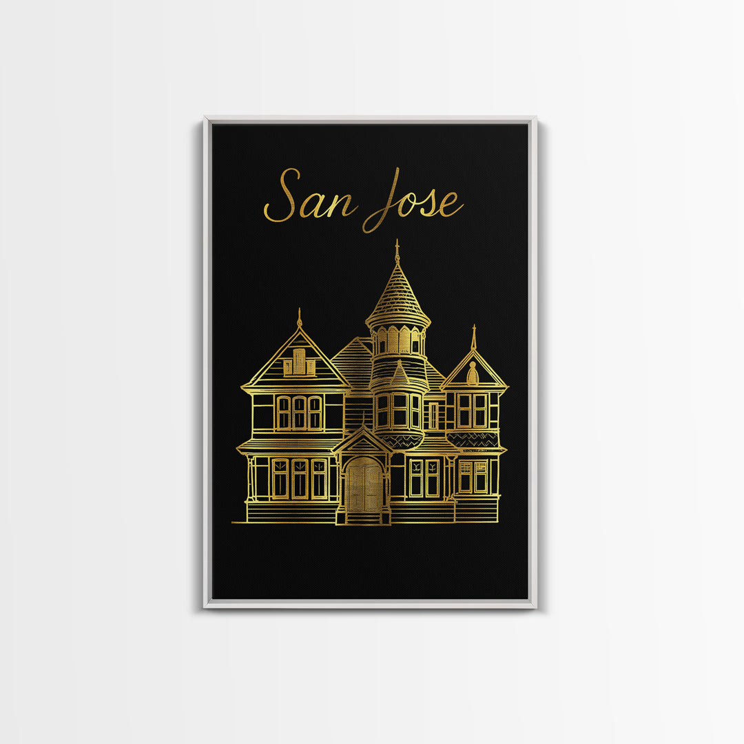 San Jose California Travel Poster, Canvas Print, Black Gold Minimalist Art, San Jose Print, Travel Art Print, Wanderlust Decor, Wall Art
