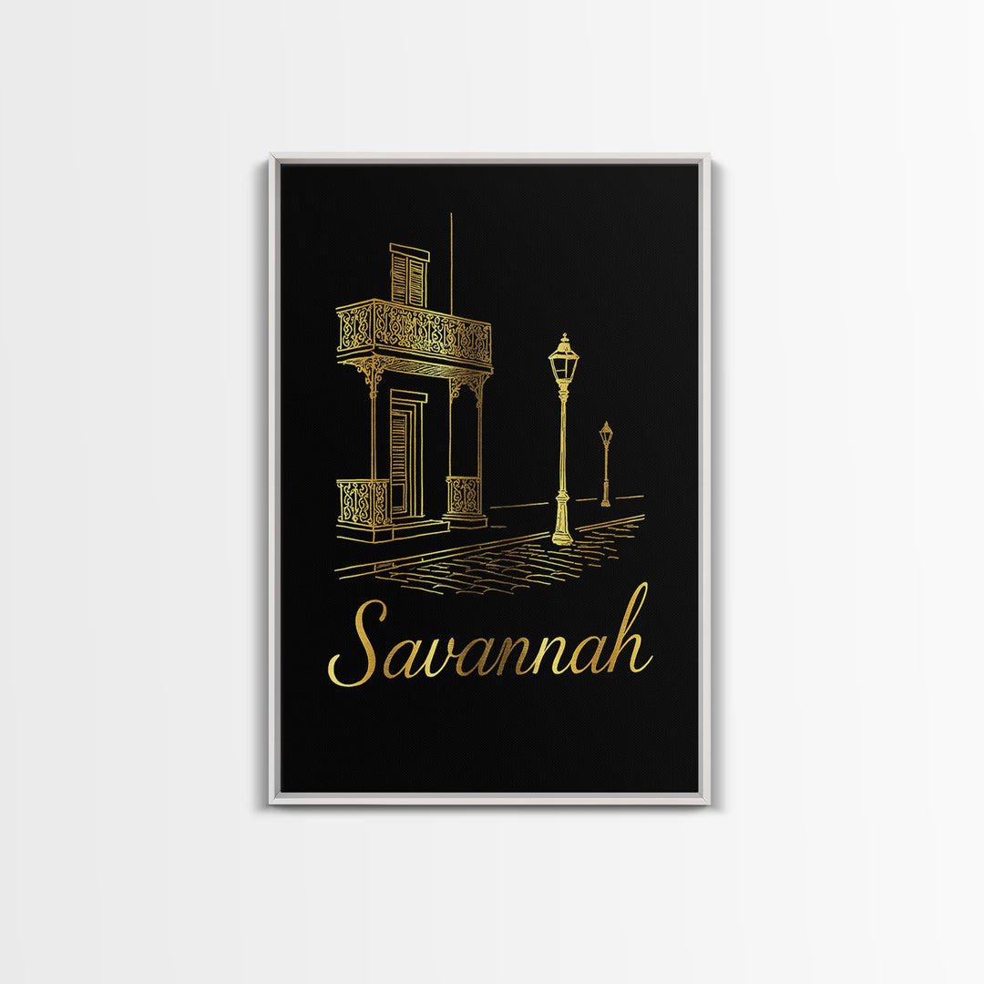 Savannah Travel Poster, Framed Canvas Print, Minimalist Gold Line Art, Savannah Travel Art, Mid Century Wall Art, Living Room Wall Art