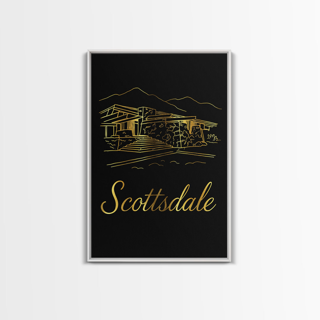 Scottsdale Arizona Travel Poster, Canvas Print, Black Gold Minimalist Art, Scottsdale Art Print, Mid Century Wall Art, Wanderlust Decor