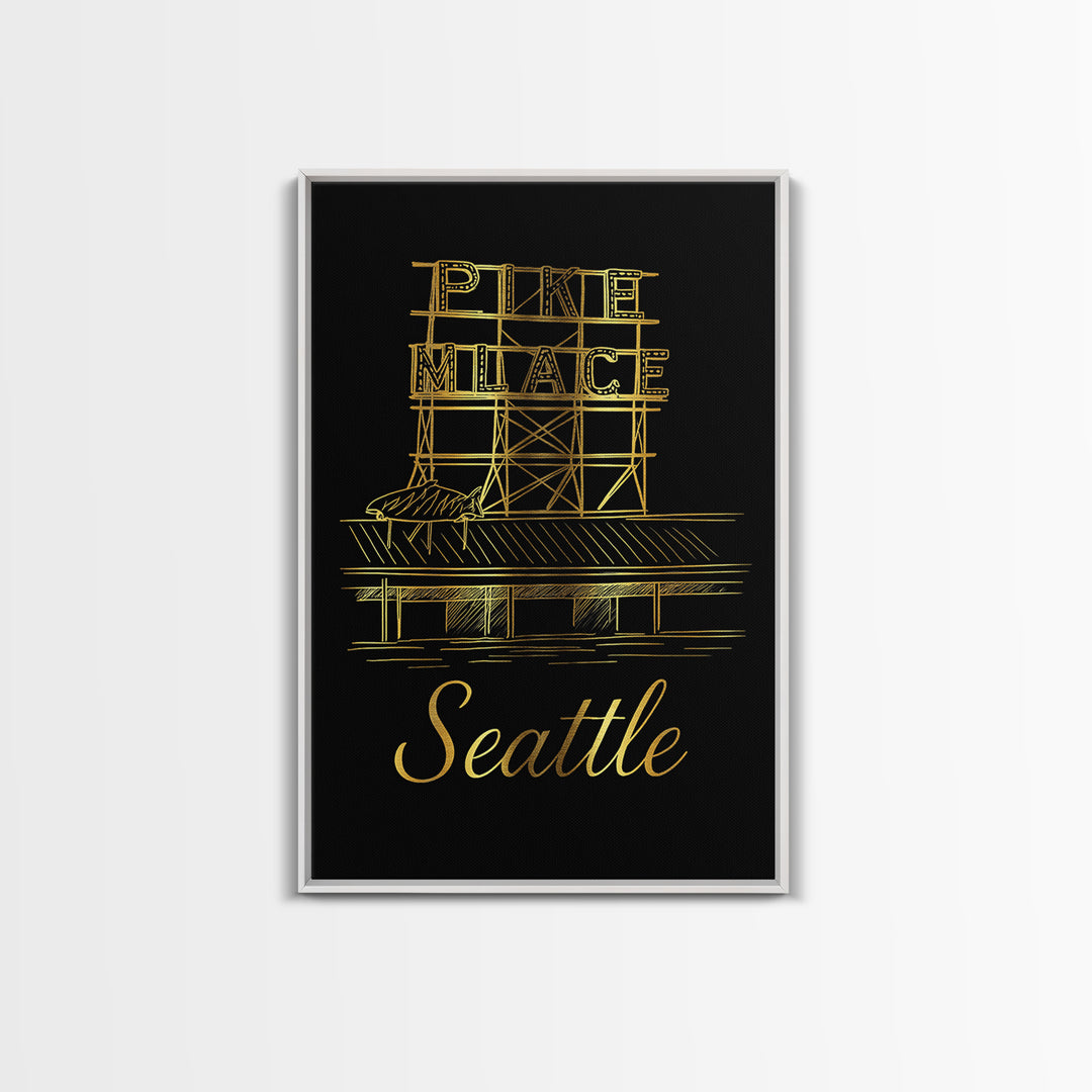 Seattle Travel Poster, Canvas Print, Gold Outline Poster Art, Seattle Art Print, Travel Poster Art, Mid Century Wall Art, Wanderlust Decor