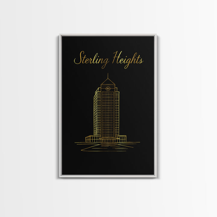 Sterling Heights Michigan Travel Poster, Canvas Print, Gold Outline Poster Art, Sterling Heights Art Print, Travel Wall Art