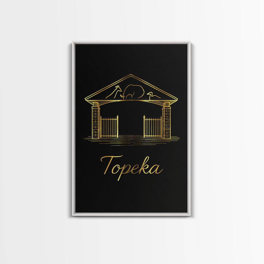 Topeka Travel Poster, Framed Canvas Print, Black Gold Minimalist Art, Topeka Art Print, City Illustration, Modern Wall Decor, Poster Art