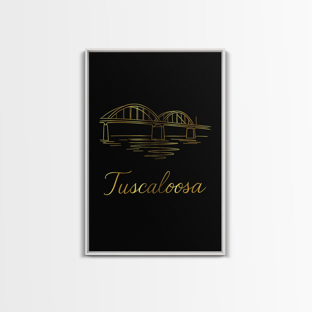 Tuscaloosa Alabama Travel Poster, Framed Canvas Print, Gold Outline Poster Art, Tuscaloosa Travel Art, City Art Print, Travel Wall Art