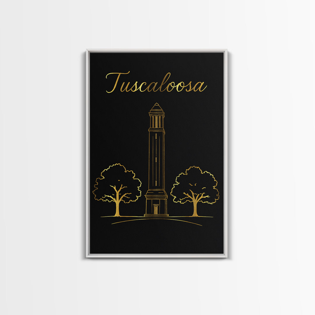Tuscaloosa Travel Poster, Canvas Print, Black Gold Minimalist Art, Tuscaloosa Art Print, City Travel Prints, Wanderlust Decor, Wall Art