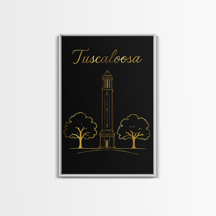 Tuscaloosa Travel Poster, Canvas Print, Black Gold Minimalist Art, Tuscaloosa Art Print, City Travel Prints, Wanderlust Decor, Wall Art