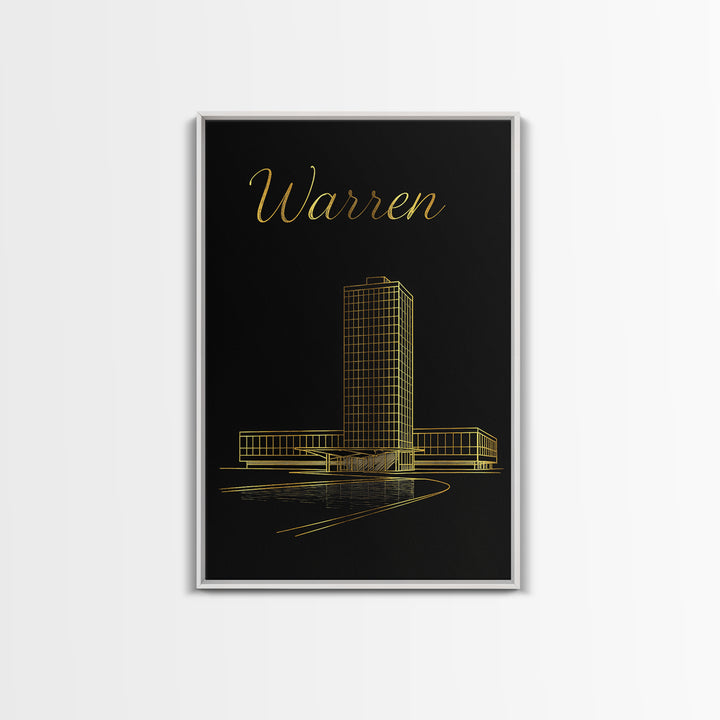 Warren Michigan Travel Poster, Canvas Print, Minimalist Gold Line Art, Warren Poster Print, Wanderlust Decor, Art Print, Gift For Travelers