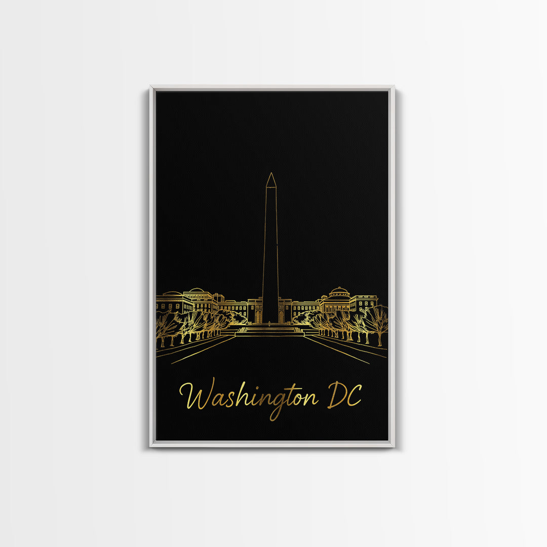 Washington DC Travel Poster, Framed Canvas Print, Minimalist Gold Line Art, Washington DC Wall Art, Travel Art Print, Mid Century Wall Art