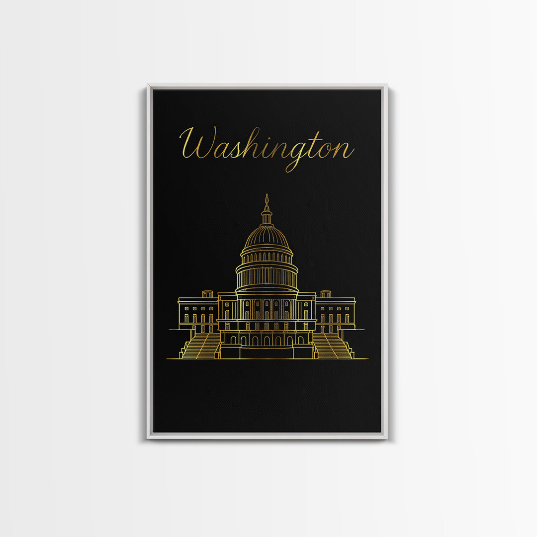 Washington DC Travel Poster, Framed Canvas Print, Minimalist Gold Line Art, Washington DC City Art, City Travel Prints, Home Office Decor