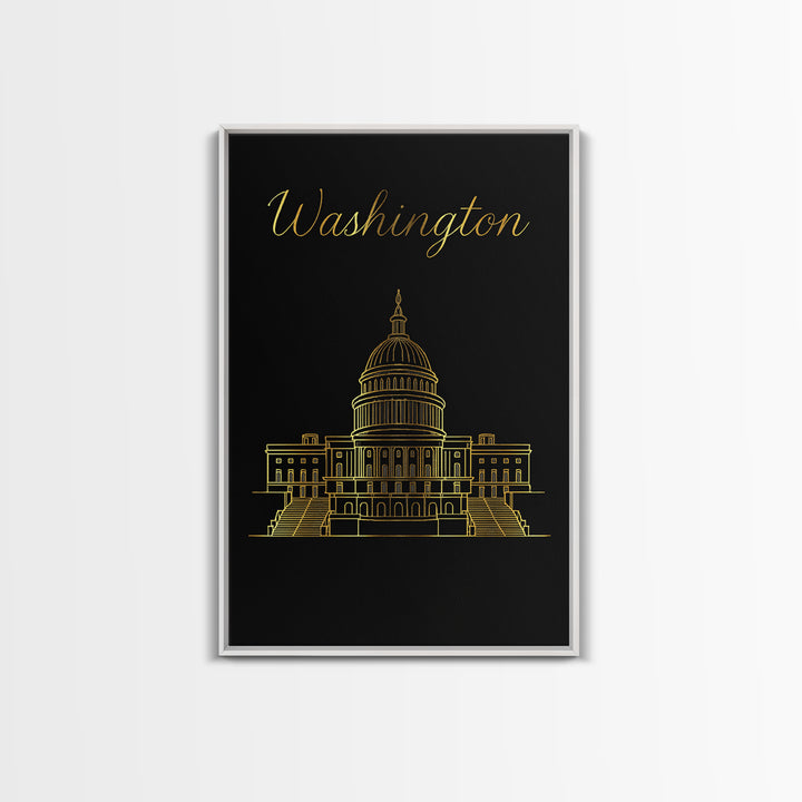 Washington DC Travel Poster, Framed Canvas Print, Minimalist Gold Line Art, Washington DC City Art, City Travel Prints, Home Office Decor
