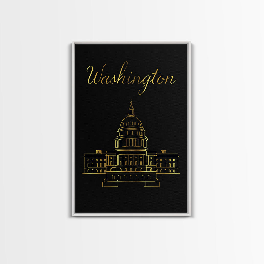 Washington DC Travel Poster, Framed Canvas Print, Black Gold Minimalist Art, Washington DC Wall Art, Gift For Travelers, Retro Travel Print