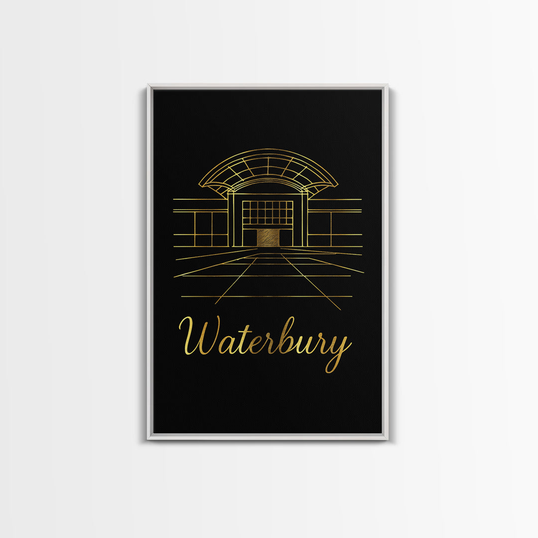 Waterbury Connecticut Travel Poster, Canvas Print, Gold Outline Poster Art, Waterbury Art Print, Wall Decor, Travel Print, Home Decor