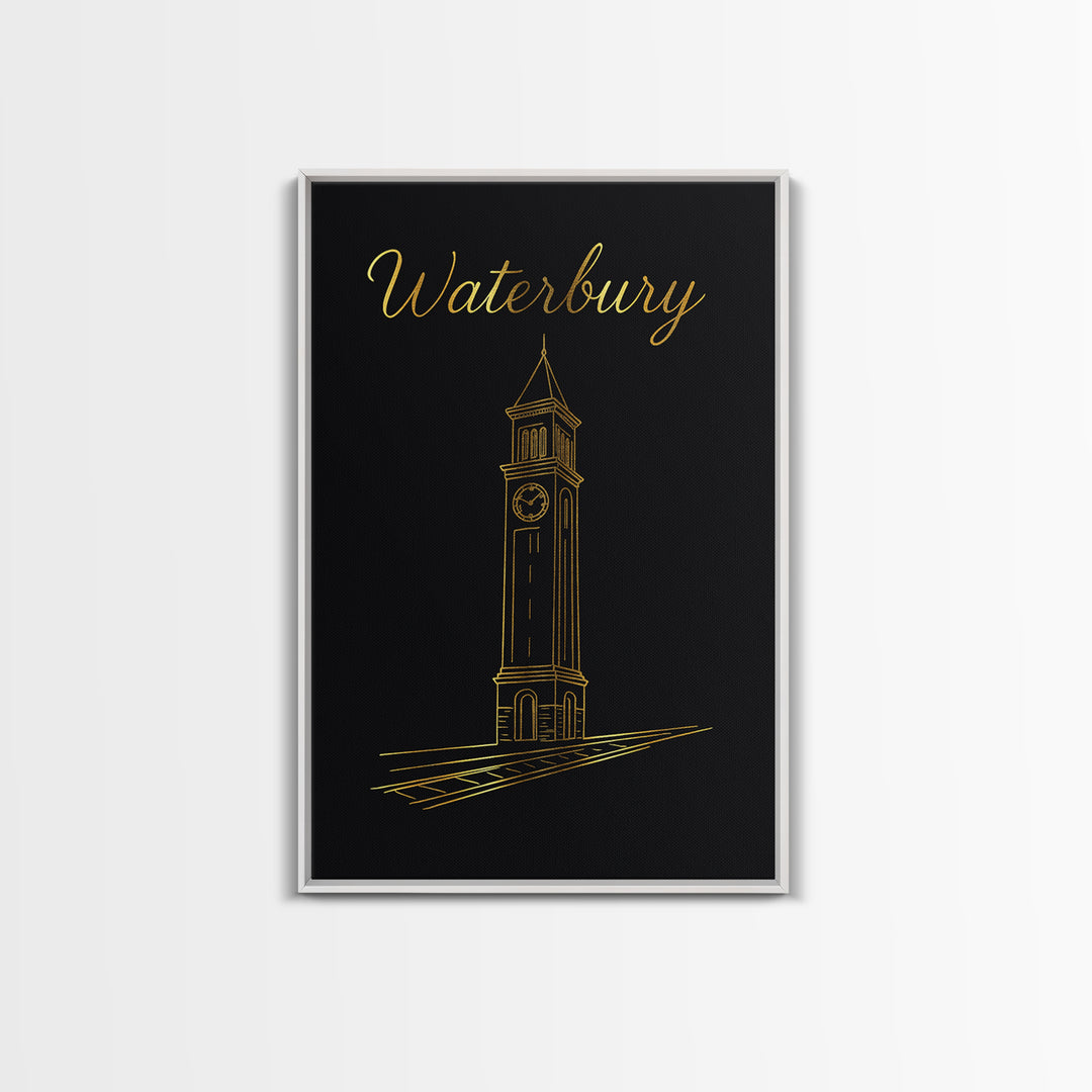 Waterbury Travel Poster, Framed Canvas Print, Dark Minimalist Wall Art, Waterbury Wall Art, City Art Print, Travel Poster Set, Design 3