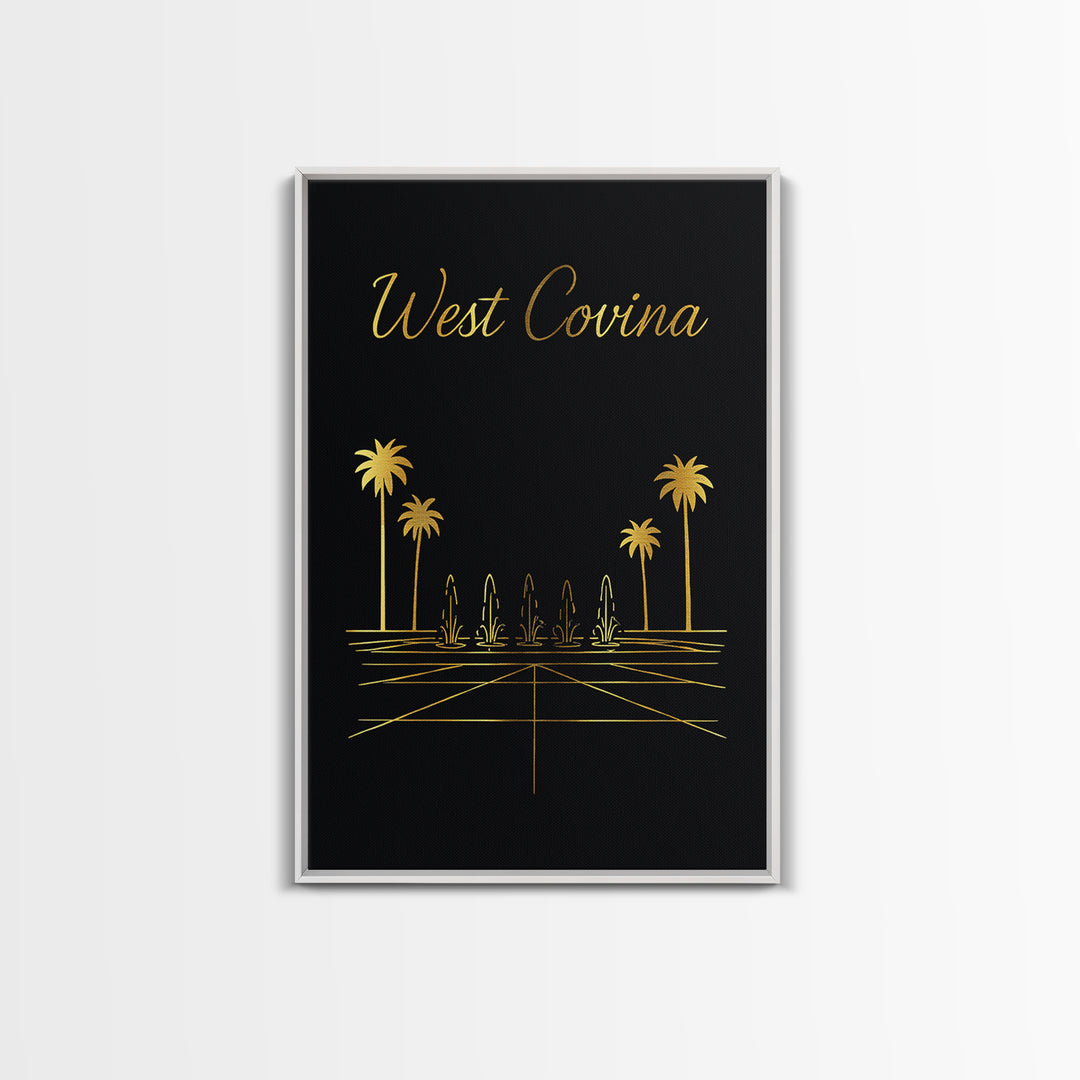 West Covina Travel Poster, Framed Canvas Print, Gold Outline Poster Art, West Covina Wall Art, Watercolor Skyline Art, City Travel Prints