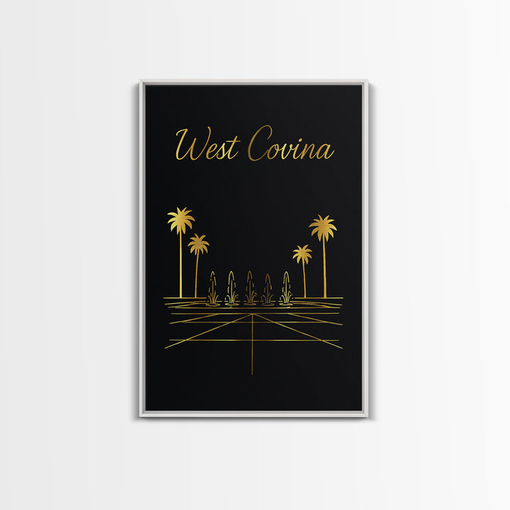 West Covina Travel Poster, Framed Canvas Print, Gold Outline Poster Art, West Covina Wall Art, Watercolor Skyline Art, City Travel Prints