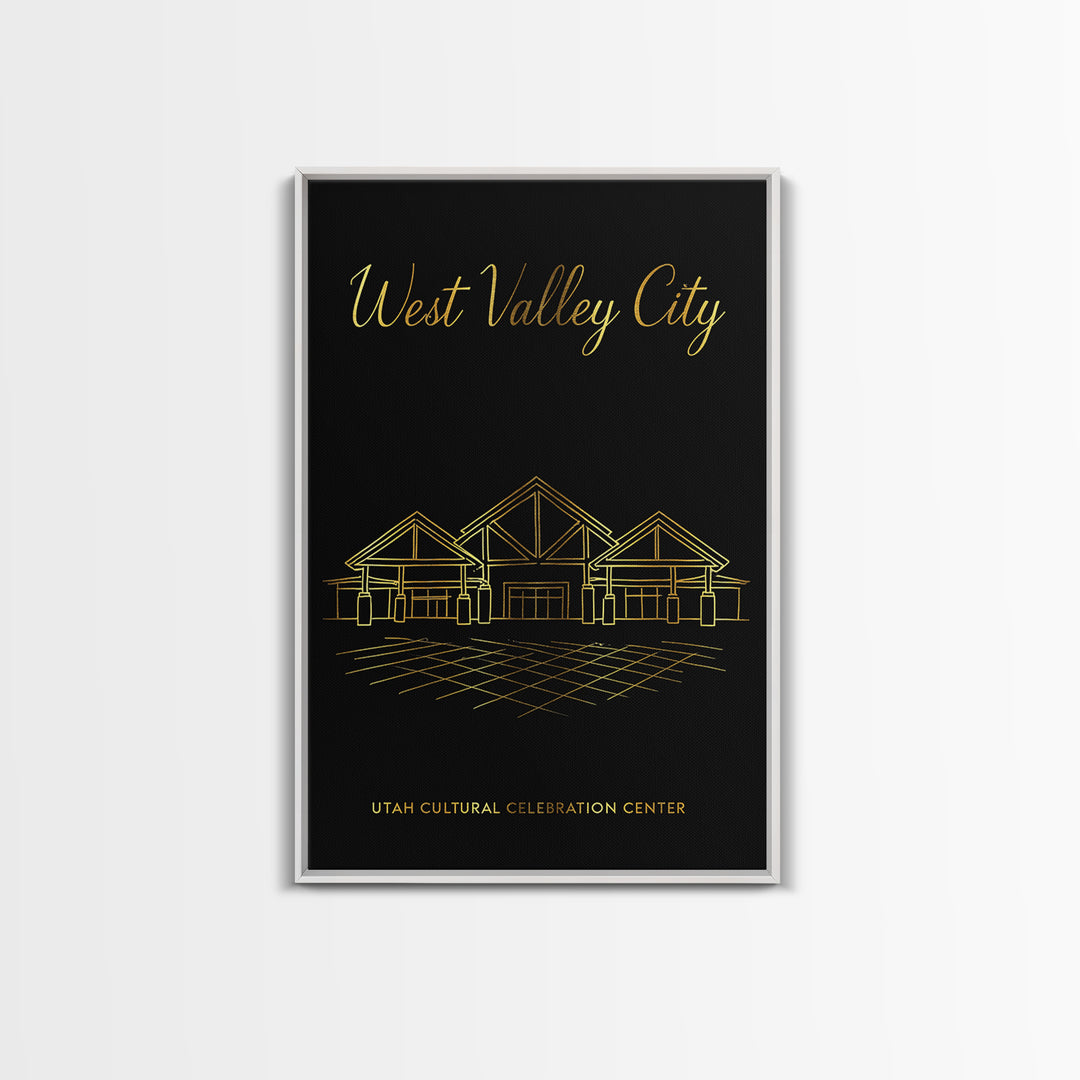 West Valley City Utah Travel Poster, Framed Canvas Print, Minimalist Gold Line Art, West Valley City Poster Print, City Illustration