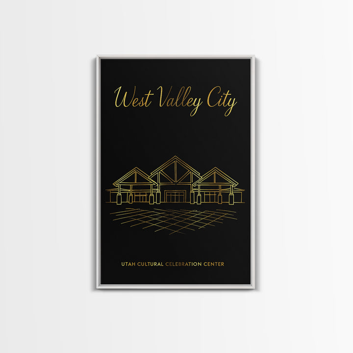 West Valley City Utah Travel Poster, Framed Canvas Print, Minimalist Gold Line Art, West Valley City Poster Print, City Illustration