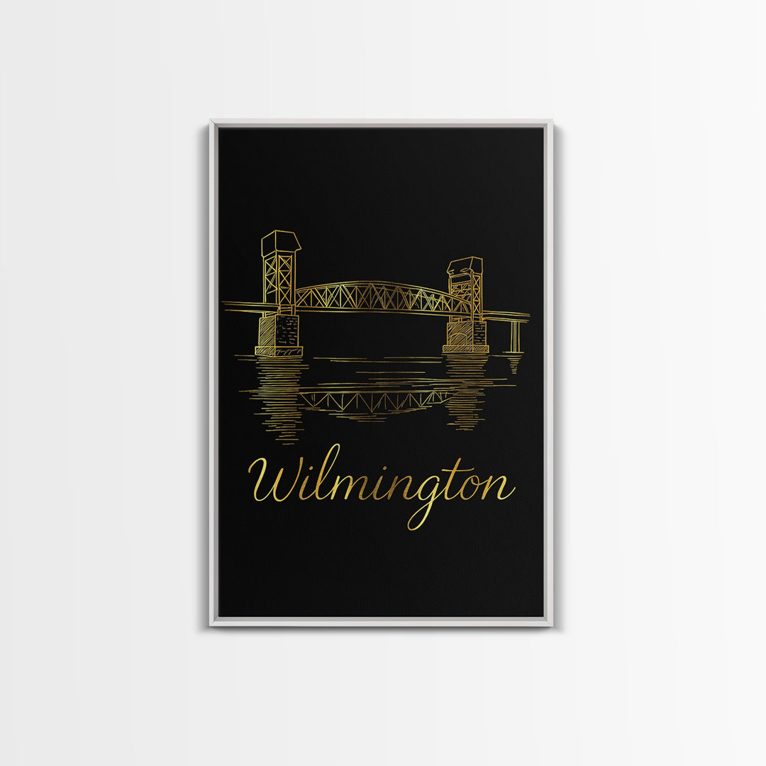 Wilimington Travel Poster, Framed Canvas Print, Black Gold Minimalist Art, Wilimington Art Print, Travel Poster Set, City Travel Prints