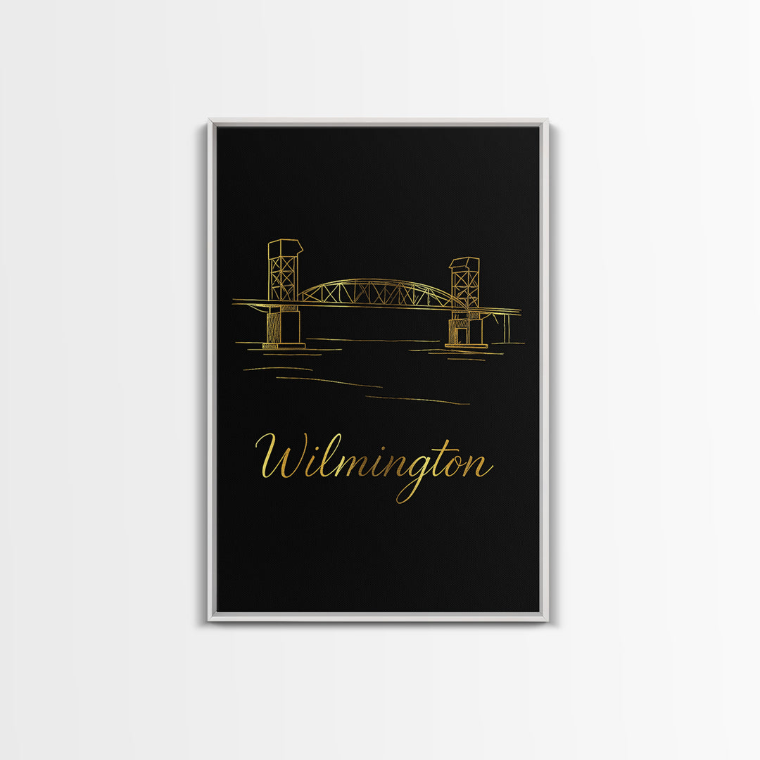 Wilmington Travel Poster, Canvas Print, Gold Outline Poster Art, Wilmington Travel Art, Mid Century Wall Art, Vintage Travel Art