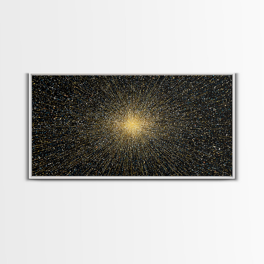 Golden Particle Explosion Wall Art, Radiant Starburst Abstract, Modern Art Print, Black Gold Space Poster, Office Decor Gift