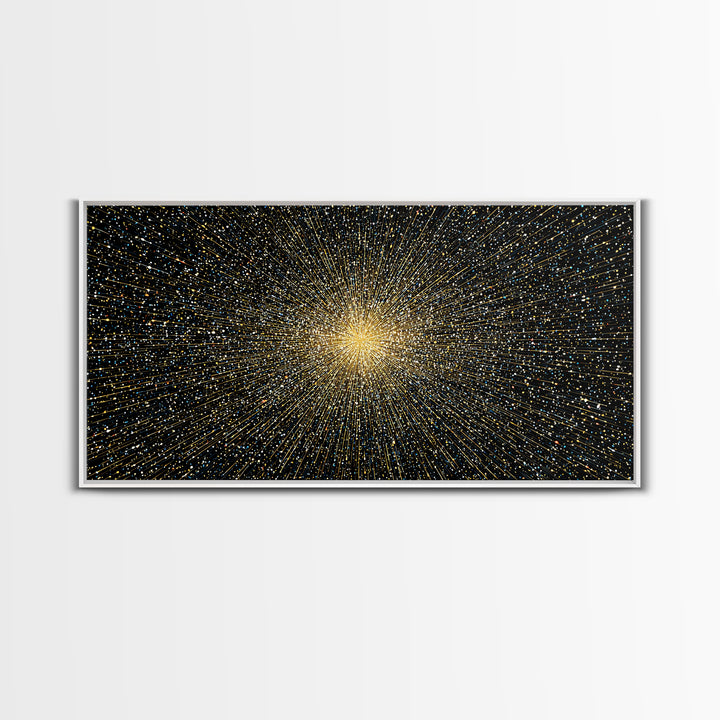 Golden Particle Explosion Wall Art, Radiant Starburst Abstract, Modern Art Print, Black Gold Space Poster, Office Decor Gift
