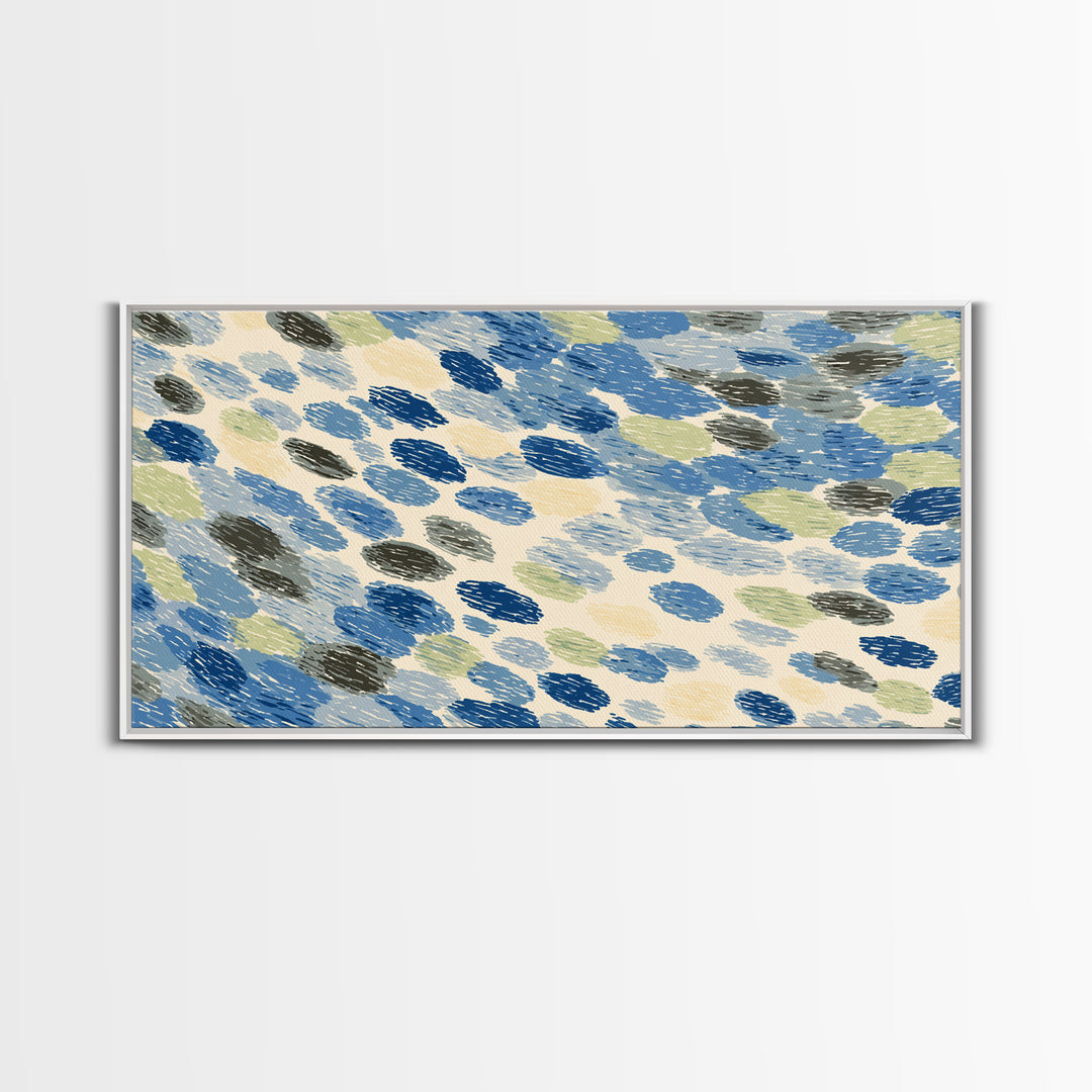 Blue Gray Brush Dot Abstract Wall Art, Midcentury Modern Art Print, Minimalist Retro Decor, Coastal Geometric Poster For Home