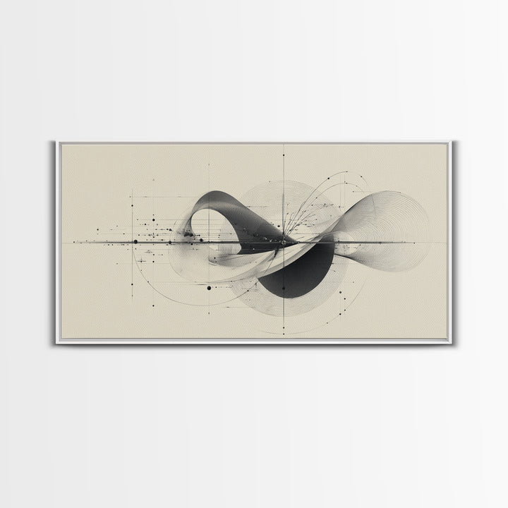 Beige Kinetic Wave Diagram Framed Canvas Print, Modern Abstract Wall Decor, Architectural Line Art Poster For Office Home