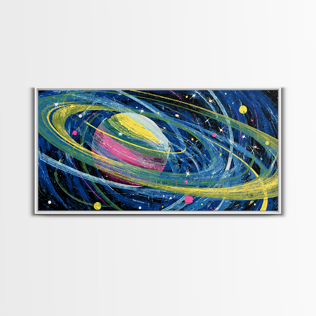 Colorful Ringed Planet Wall Art, Retro Sci Fi Space Poster, Cosmic Mid Century Modern Art Print, Kids Room Galaxy Decor Gift