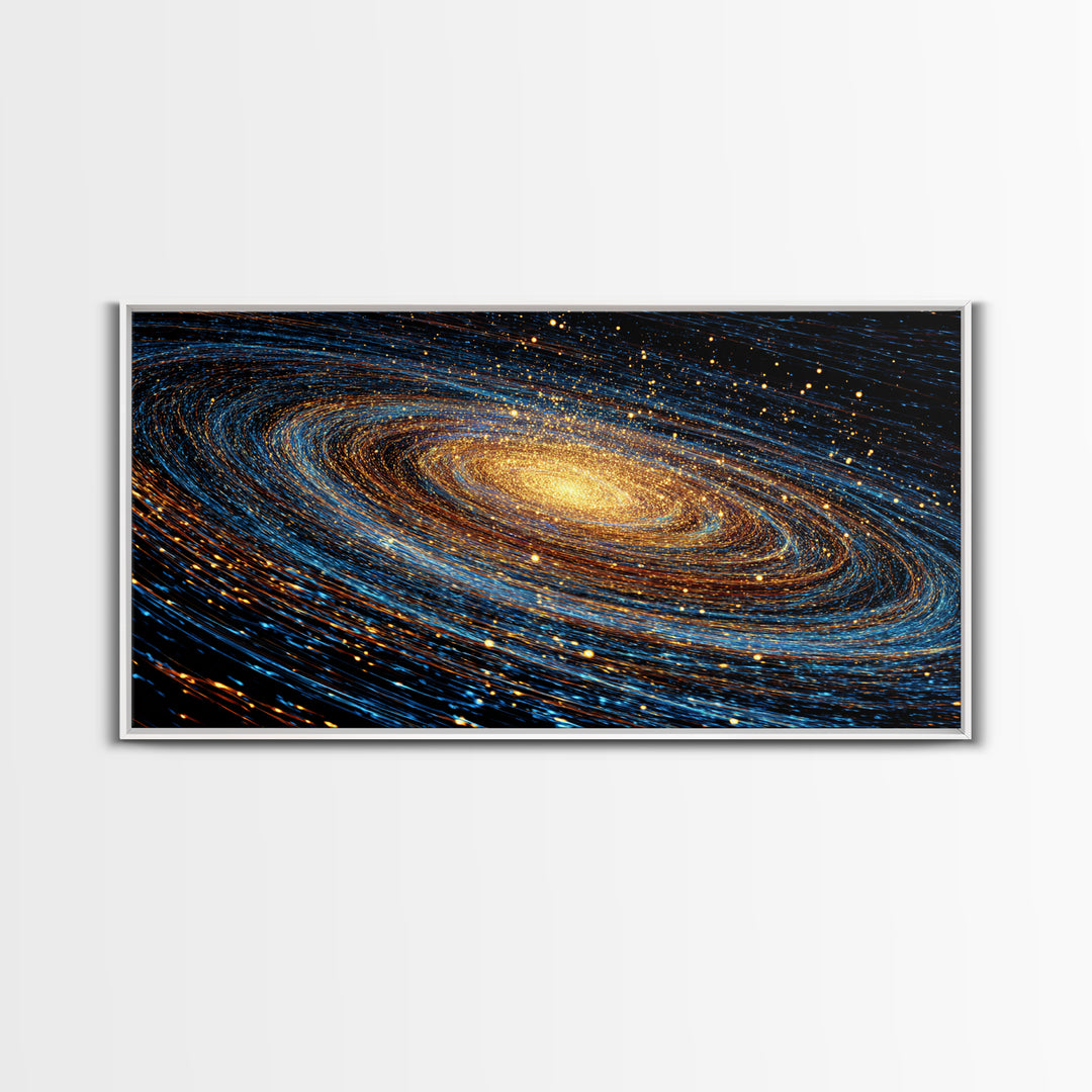 Blue Gold Spiral Galaxy Framed Canvas Print, Cosmic Space Wall Art, Modern Abstract Poster, Large Sci Fi Decor For Living Room