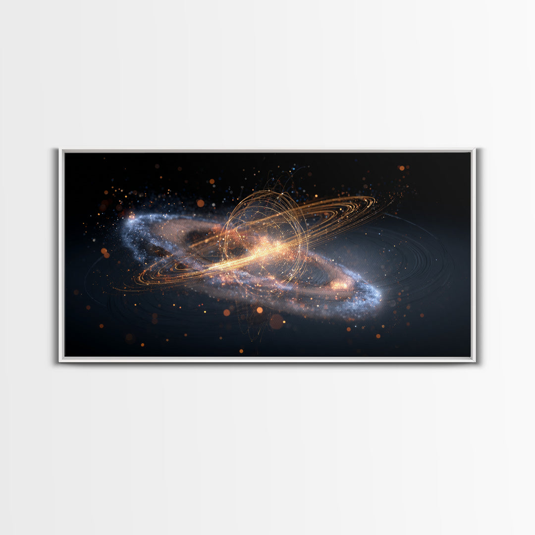 Golden Cosmic Galaxy Wall Art, Saturn Ring Space Abstract Poster, Modern Sci Fi Decor, Large Canvas Print For Home Office