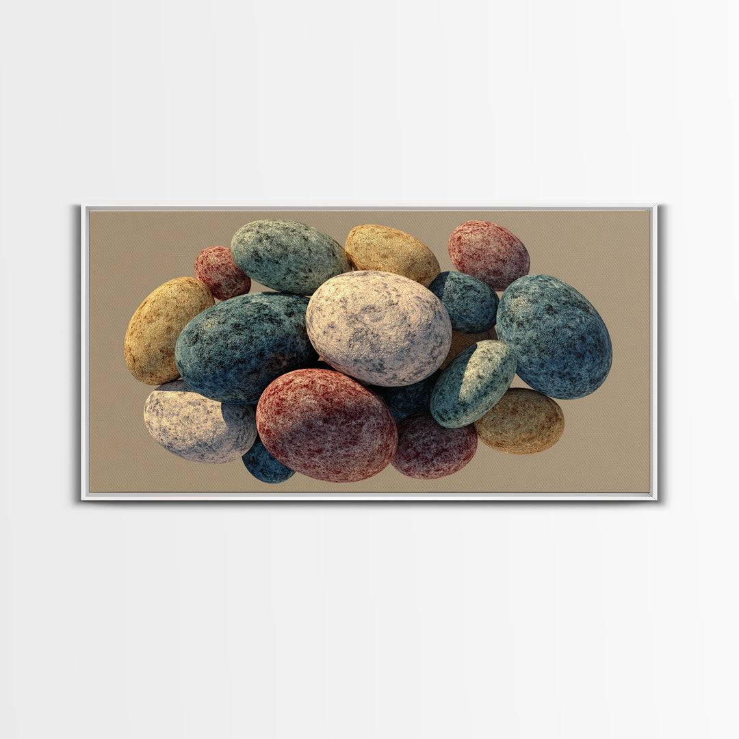 Speckled Egg And Stone Still Life Canvas Print, Earth Tone Organic Shapes, Modern Home Decor, Kitchen Art, Neutral Wall Decor