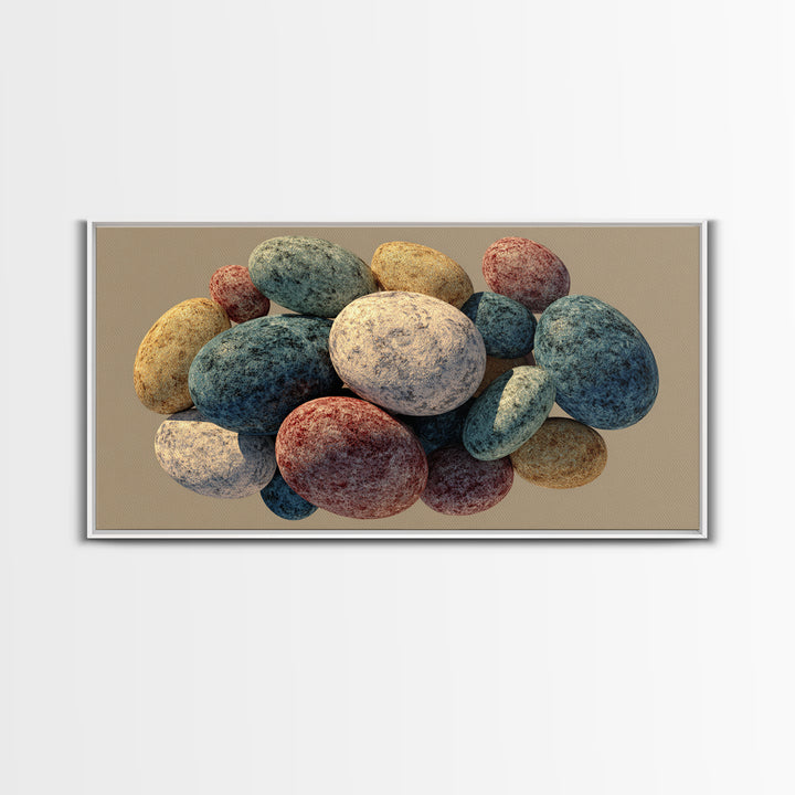 Speckled Egg And Stone Still Life Canvas Print, Earth Tone Organic Shapes, Modern Home Decor, Kitchen Art, Neutral Wall Decor