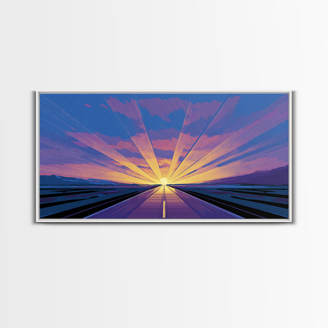 Radiant Road Sunset Canvas Print, Purple Blue Horizon Rays, Retro Travel Poster, Modern Wall Art, Midcentury Decor, Home Office Art