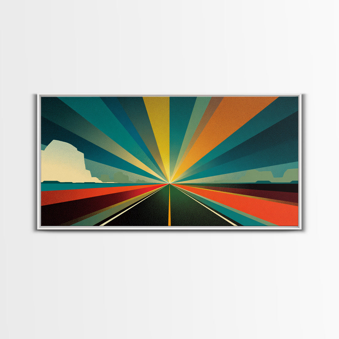 Retro Desert Highway Sunburst Wall Art, Teal Orange Perspective Landscape, Midcentury Modern Decor, Modern Art Print, MCM Wall Decor