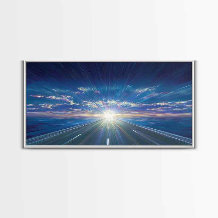 Blue Highway Light Burst Canvas Print, Radiant Horizon Road, Modern Abstract Art, Retro Wall Art, Home Office Decor, Large Prints